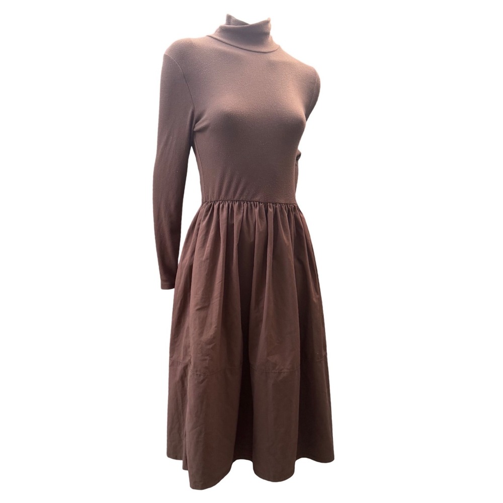 Zara Turtleneck Midi Dress Brown Mixed Media Ribbed Poplin Dark Academia L